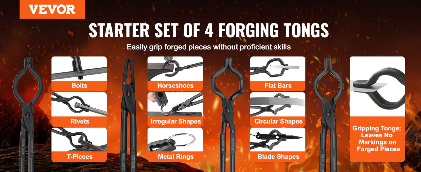 VEVOR Blacksmith Tongs Set – 18-Inch Carbon Steel Forge Tongs-4PCs / United States