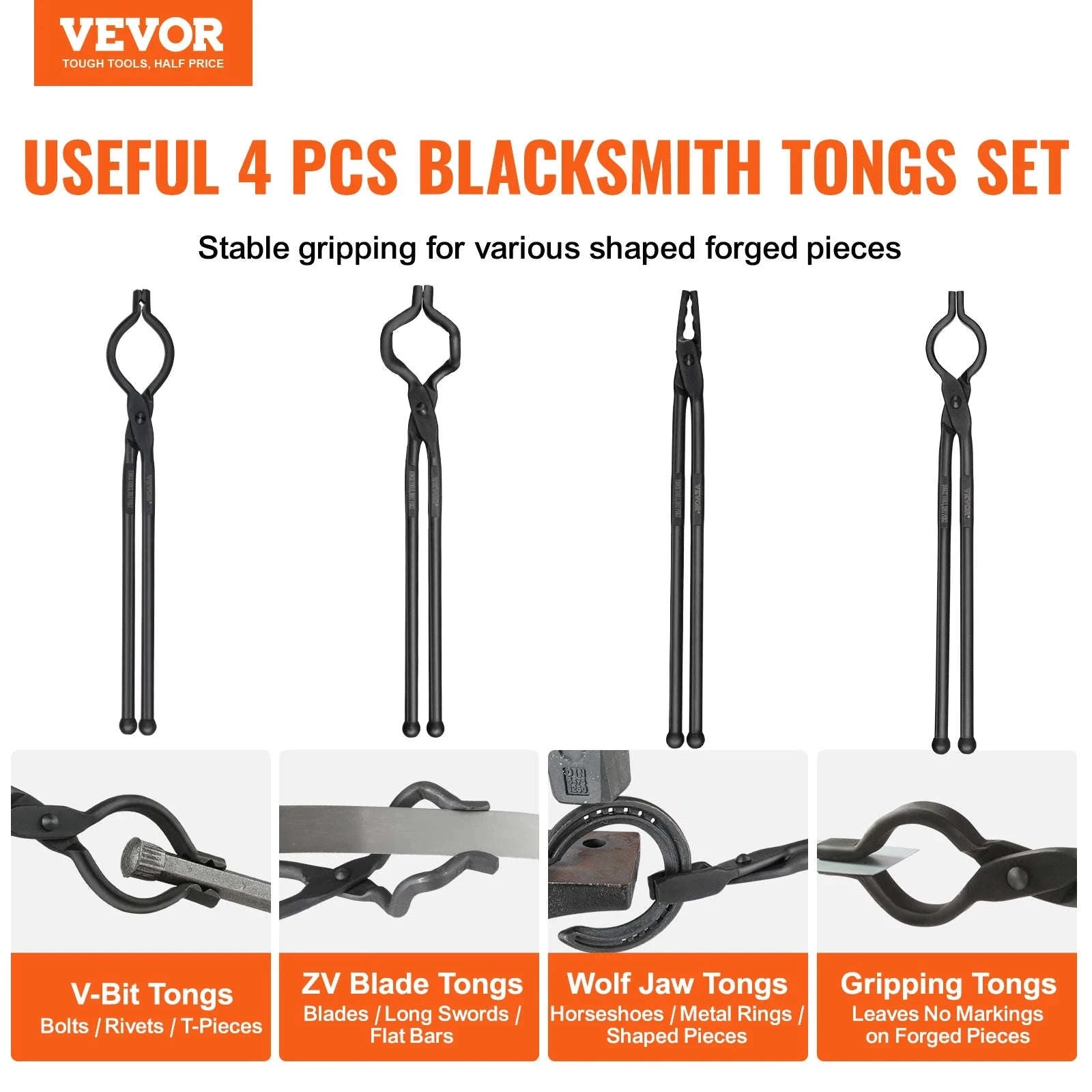 VEVOR Blacksmith Tongs Set – 18-Inch Carbon Steel Forge Tongs-4PCs / United States