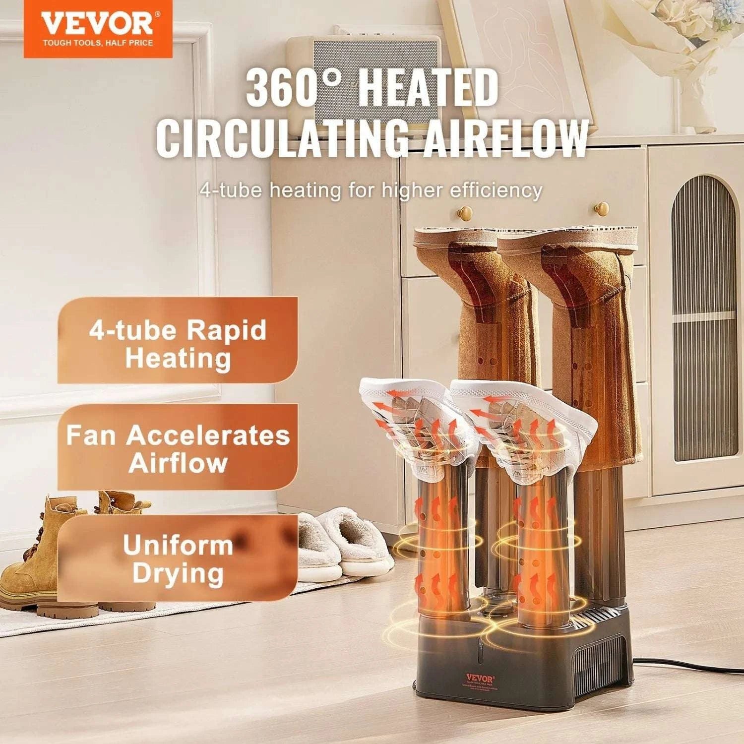 VEVOR Boot Dryer for 2 Pairs with 360° Airflow & Temperature Control-
