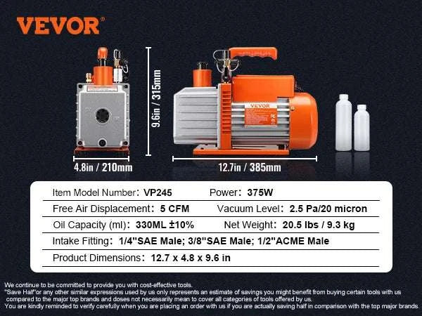VEVOR HVAC Vacuum Pump 3.5–7 CFM 1 & 2 Stage AC120V-3.5CFM 150W 1 Stage / EU / Poland