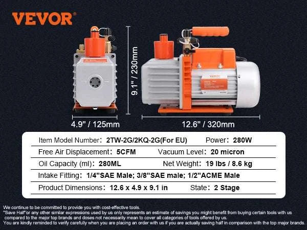 VEVOR HVAC Vacuum Pump 3.5–7 CFM 1 & 2 Stage AC120V-3.5CFM 150W 1 Stage / EU / Poland