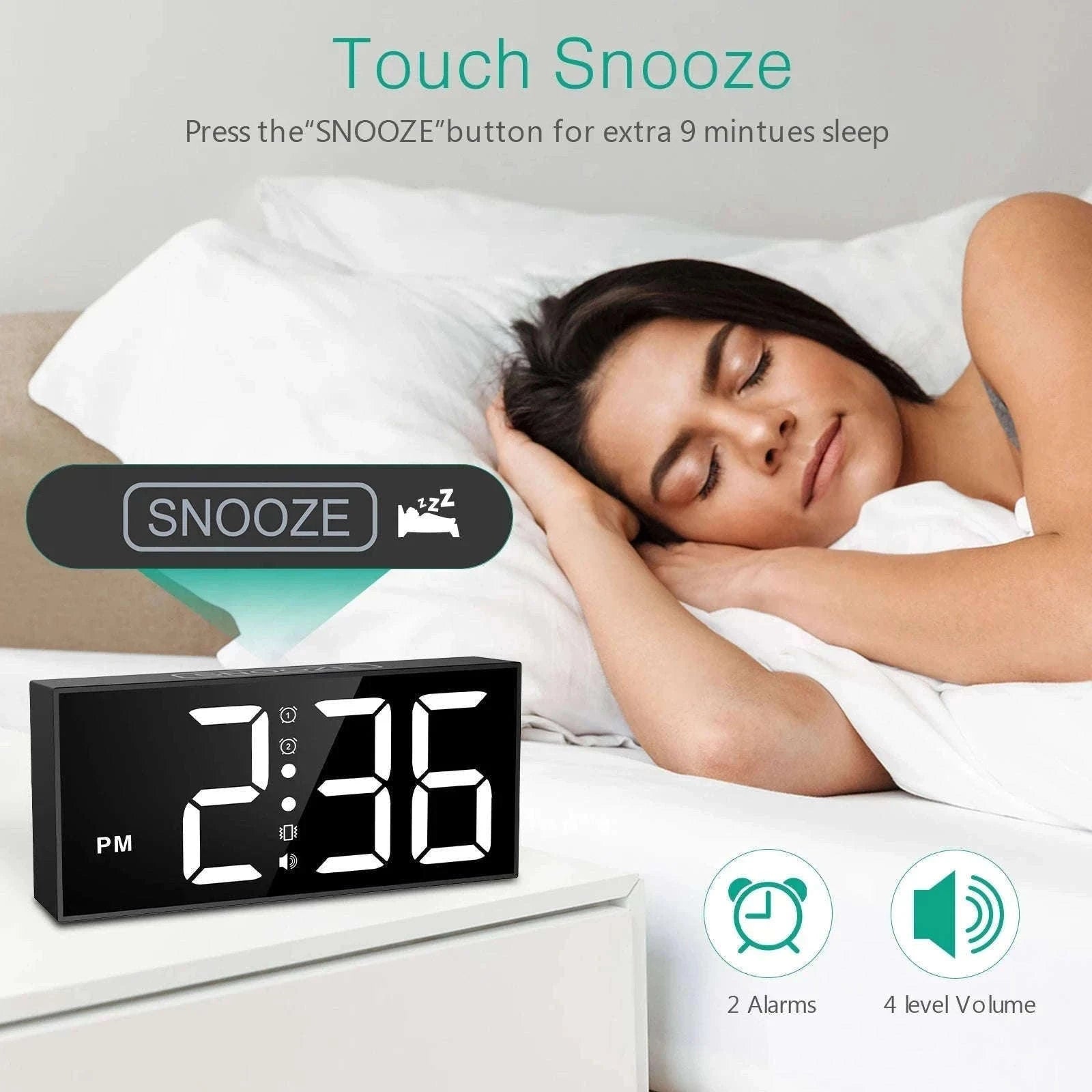 Vibrating Alarm Clock with 7.5-Inch LED Display-Black