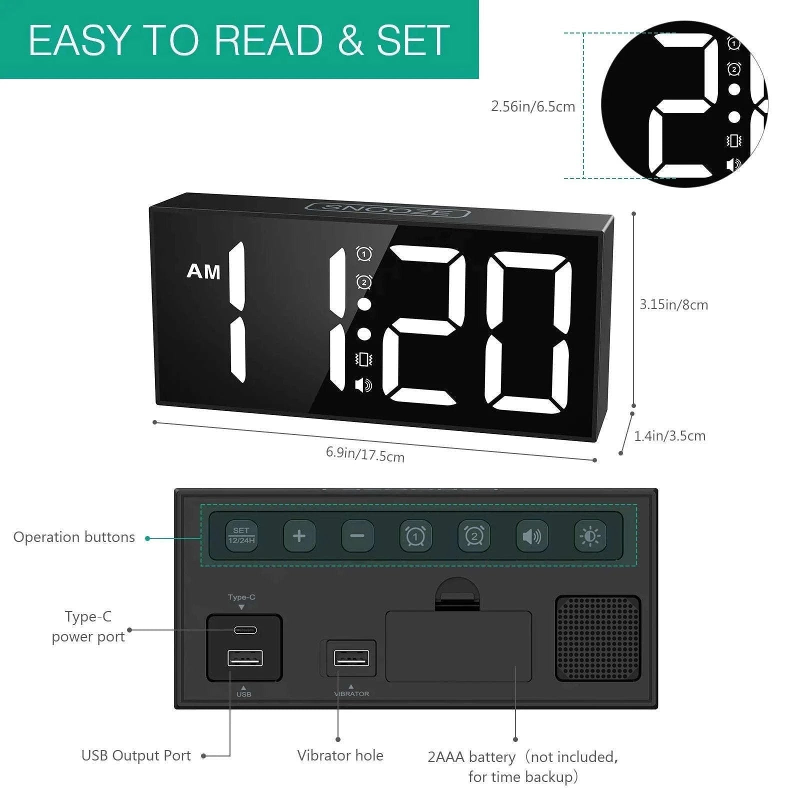 Vibrating Alarm Clock with 7.5-Inch LED Display-Black