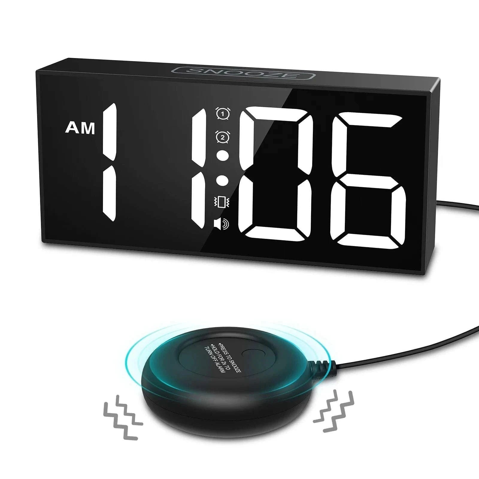Vibrating Alarm Clock with 7.5-Inch LED Display-Black