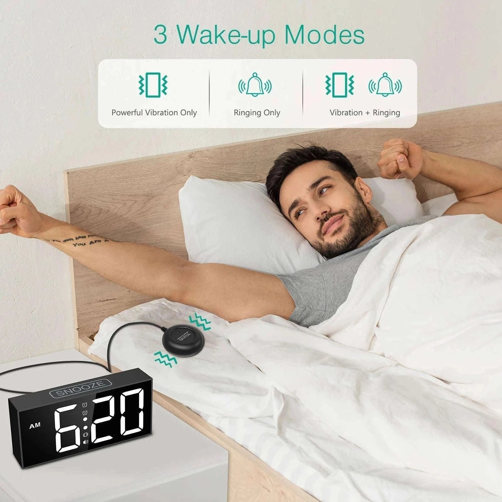 Vibrating Alarm Clock with 7.5-Inch LED Display-Black