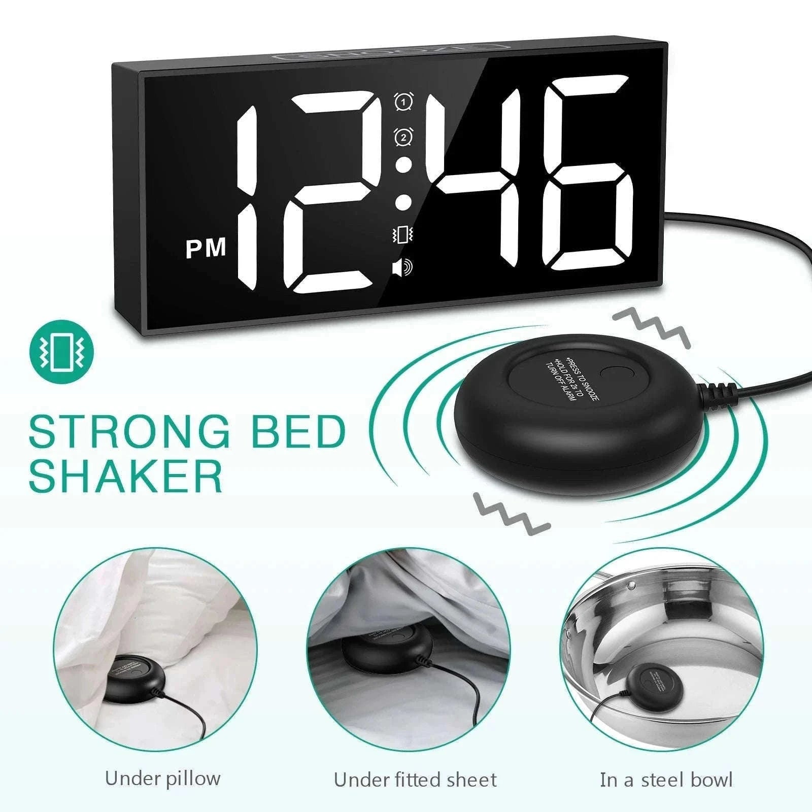 Vibrating Alarm Clock with 7.5-Inch LED Display-Black