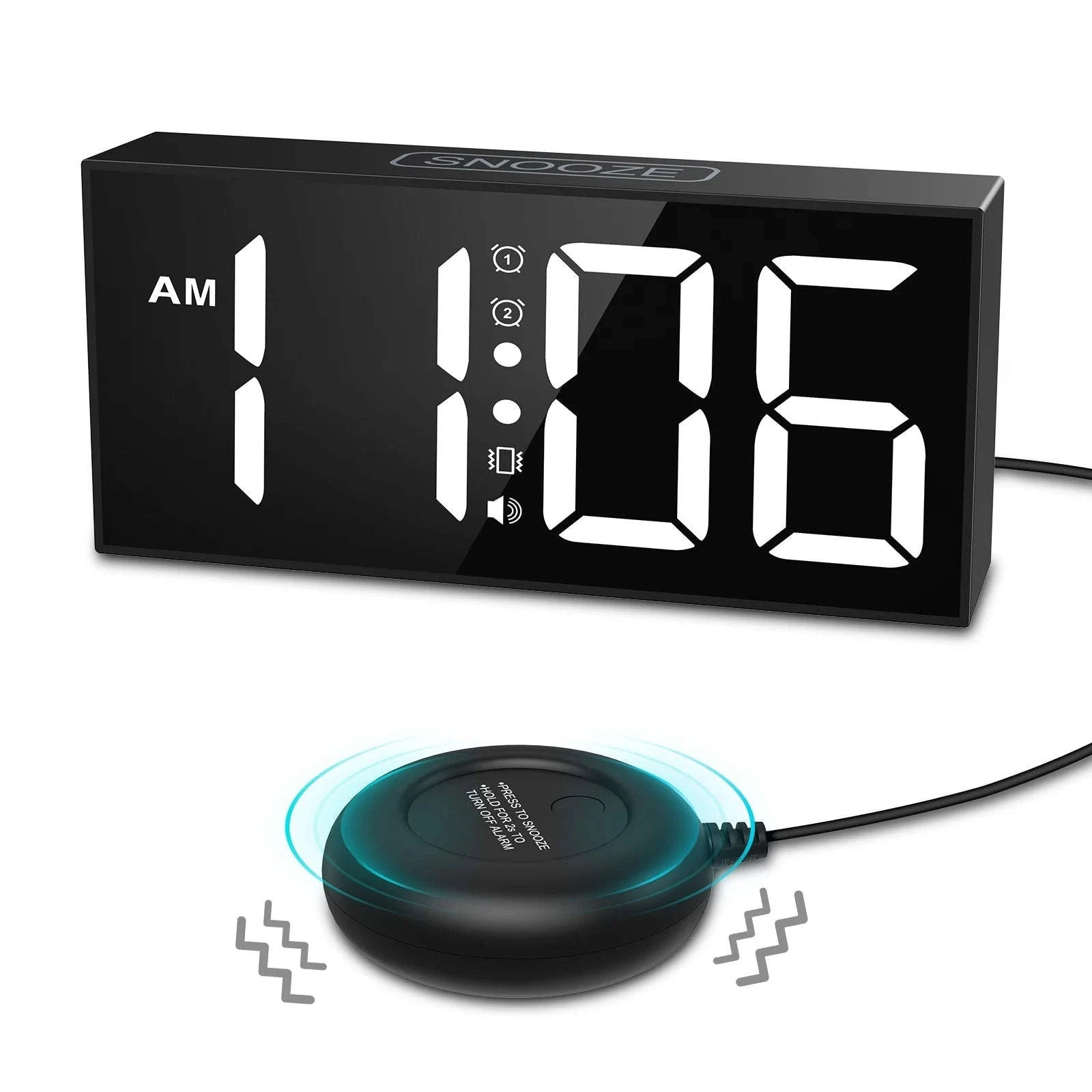 Vibrating Alarm Clock with 7.5'' LED Display-Black