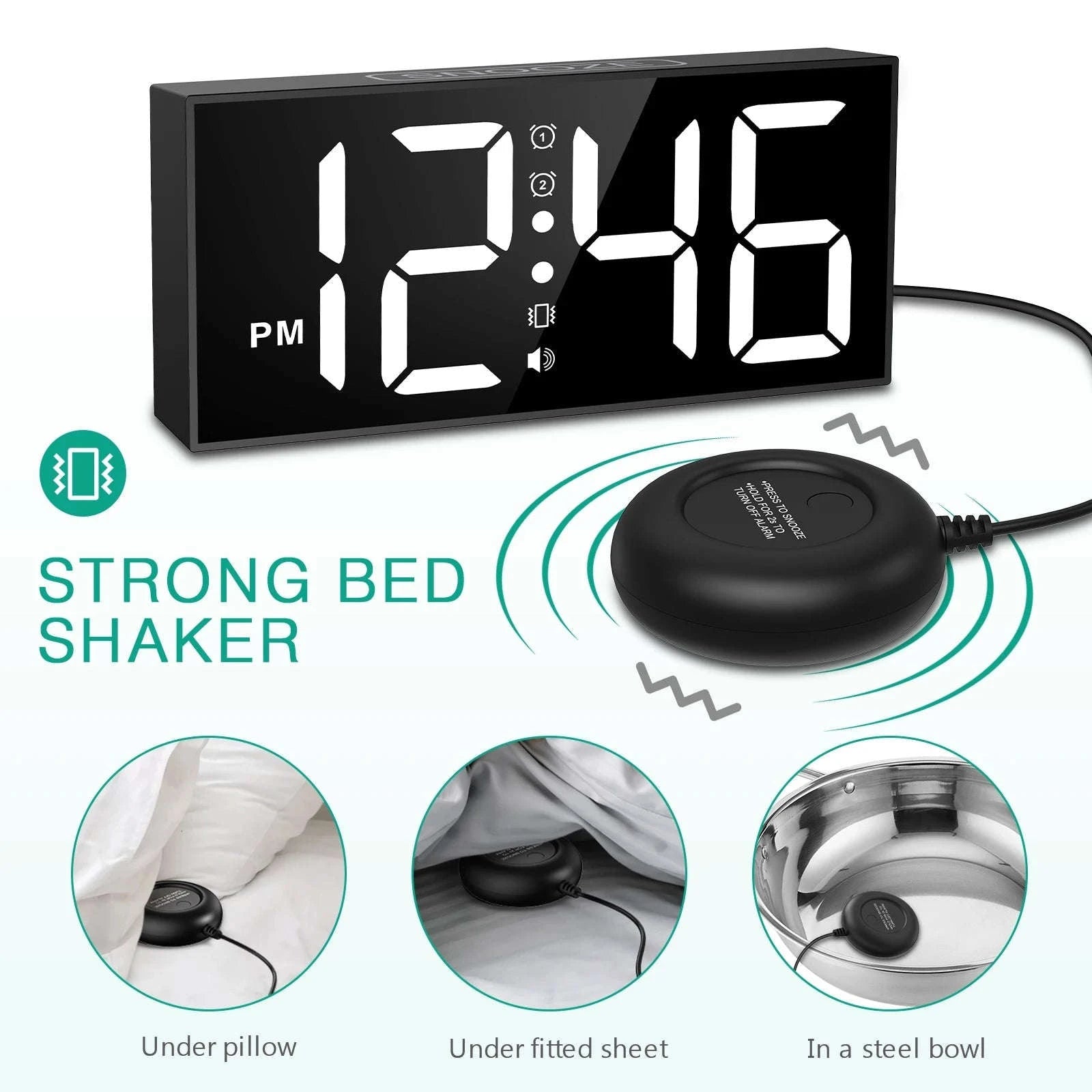 Vibrating Alarm Clock with 7.5'' LED Display-Black