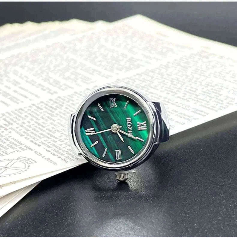 Vintage Alloy Shell Quartz Finger Watch Ring-Green-steel