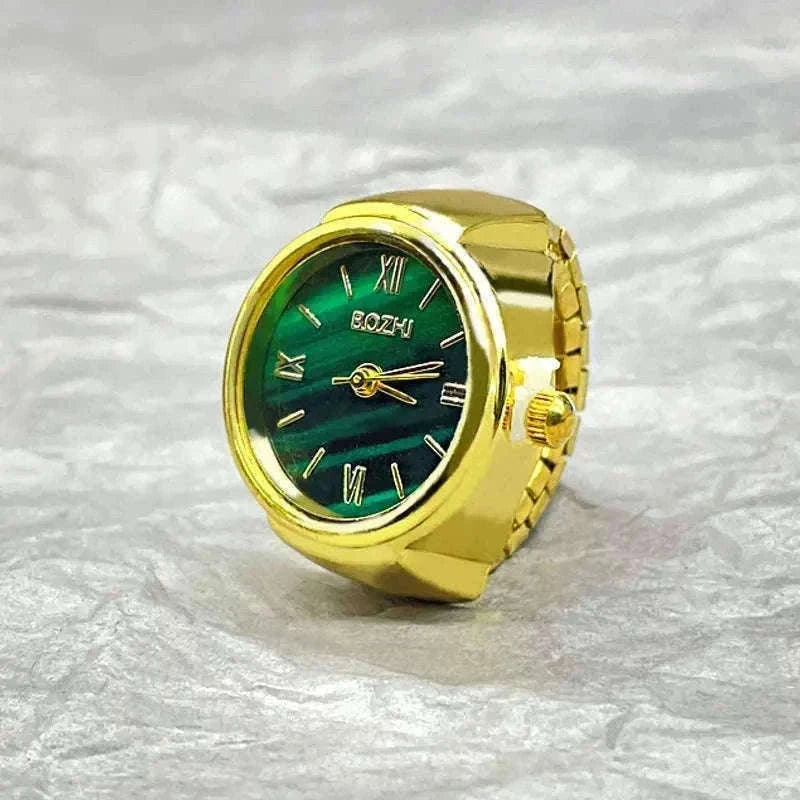 Vintage Alloy Shell Quartz Finger Watch Ring-Green-steel
