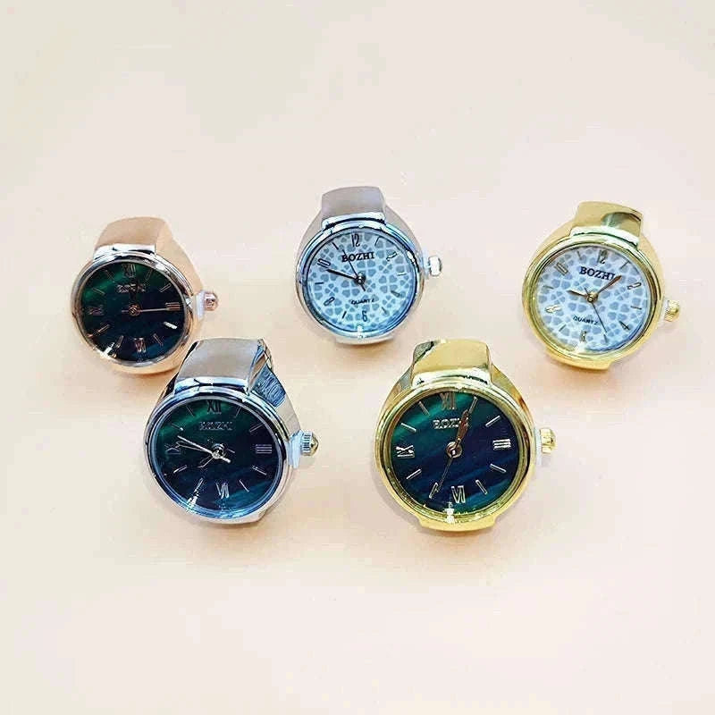 Vintage Alloy Shell Quartz Finger Watch Ring-Green-steel