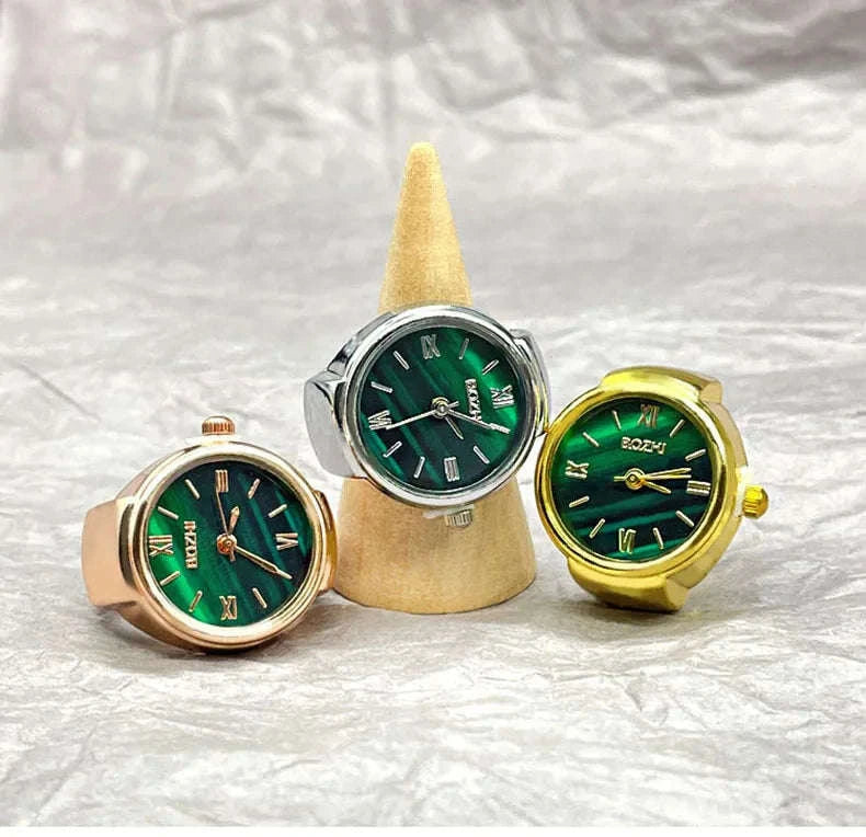 Vintage Alloy Shell Quartz Finger Watch Ring-Green-steel
