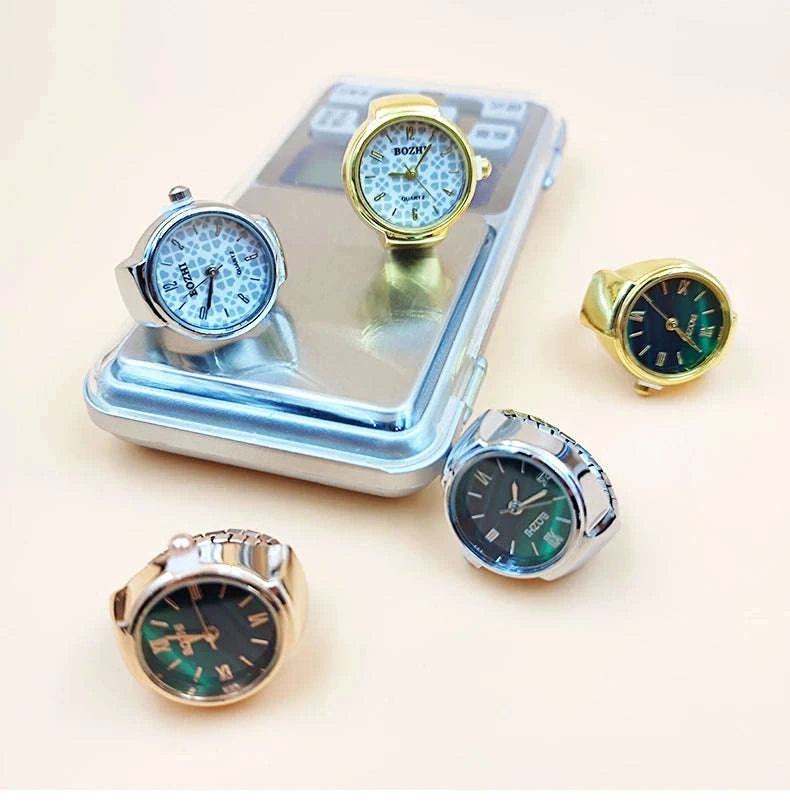 Vintage Alloy Shell Quartz Finger Watch Ring-Green-steel