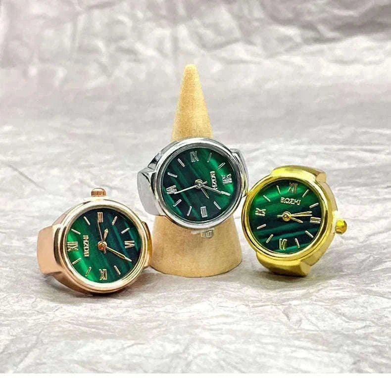Vintage Alloy Shell Quartz Finger Watch Ring-Green-steel