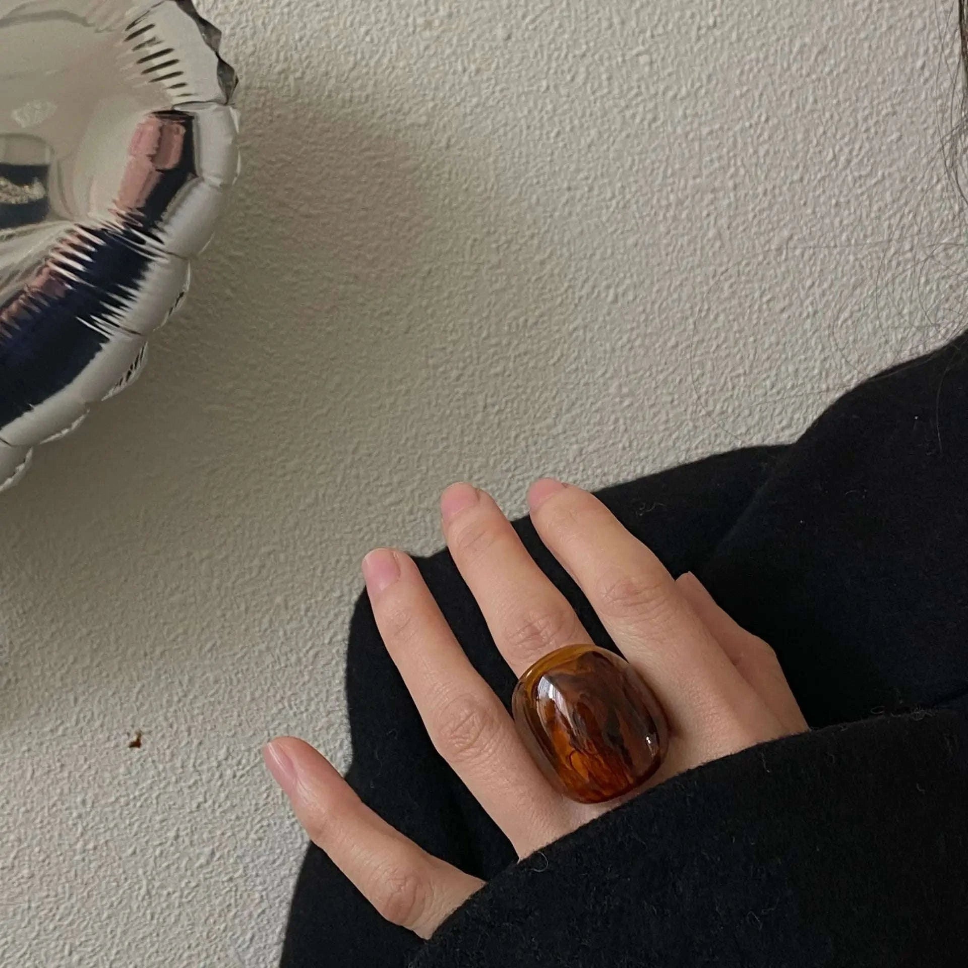 Vintage Amber Resin Geometric Statement Ring for Women-inner diameter 17mm / 01