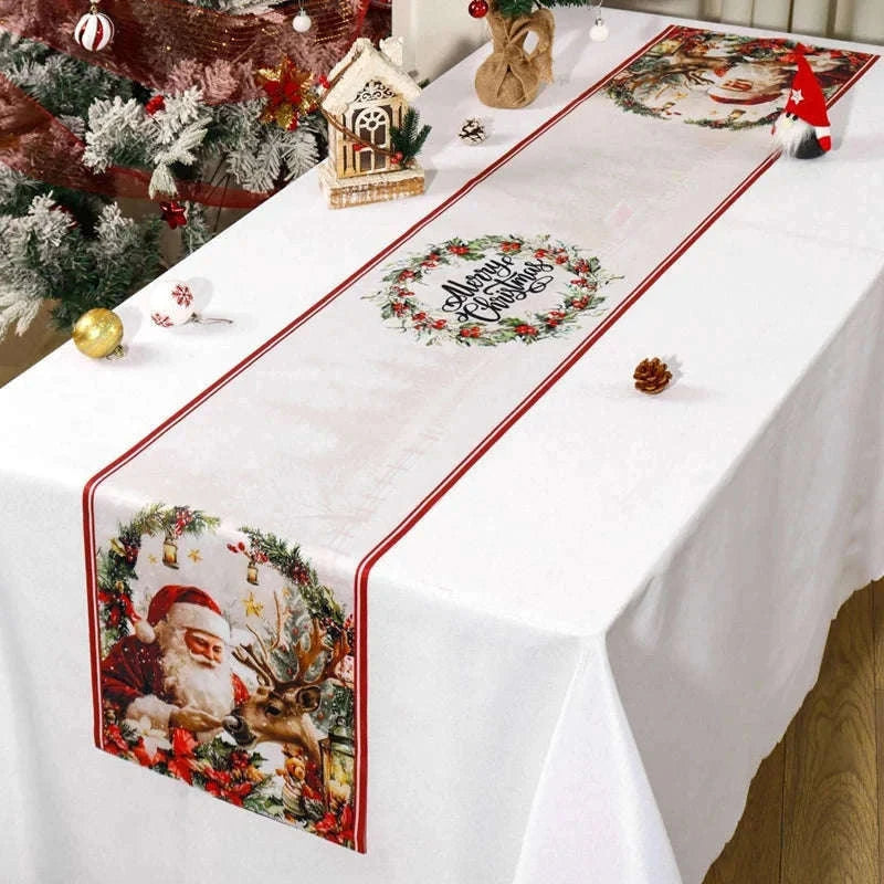 Vintage Christmas Table Runner with Retro Santa Print-16 / 35*180cm