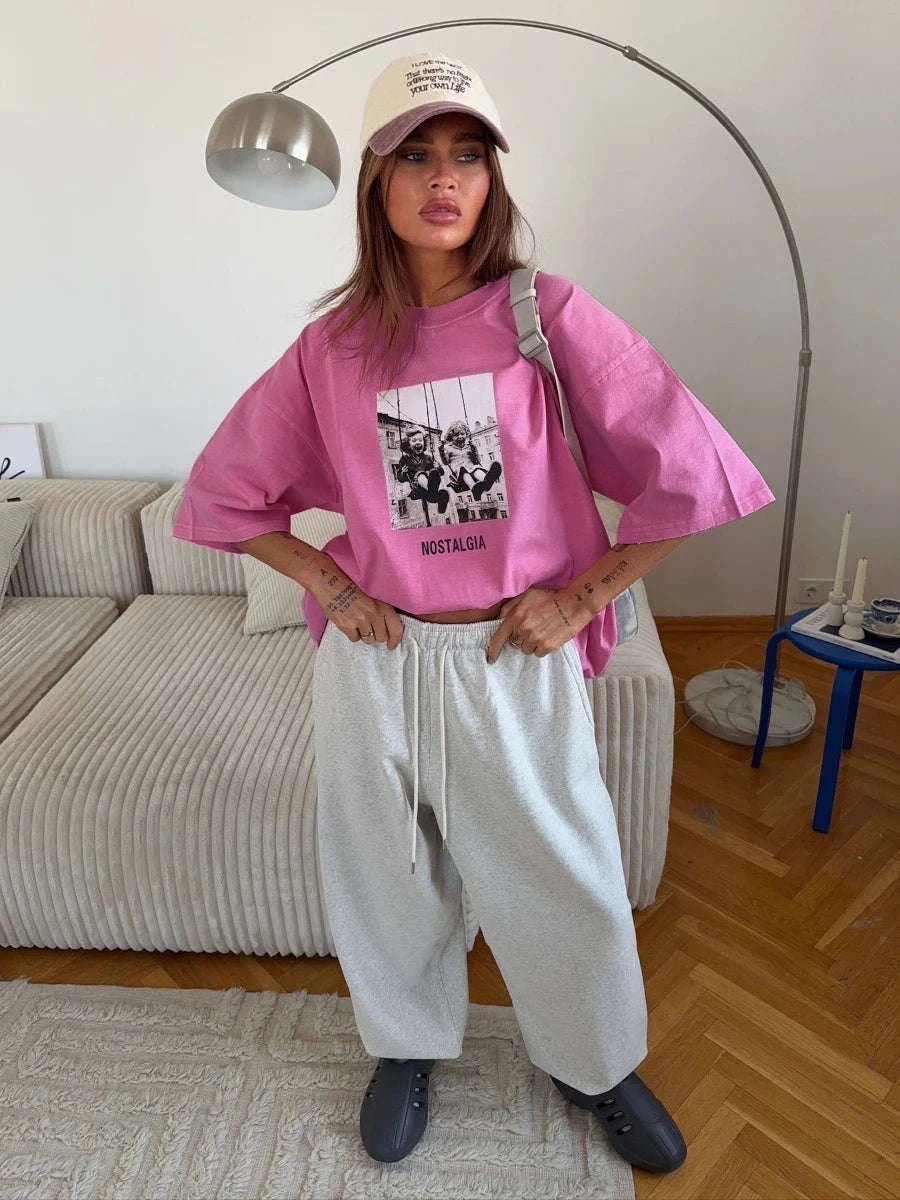 Vintage Printed Cotton T-Shirt Loose Fit Casual Streetwear Tee-Rose Red / S
