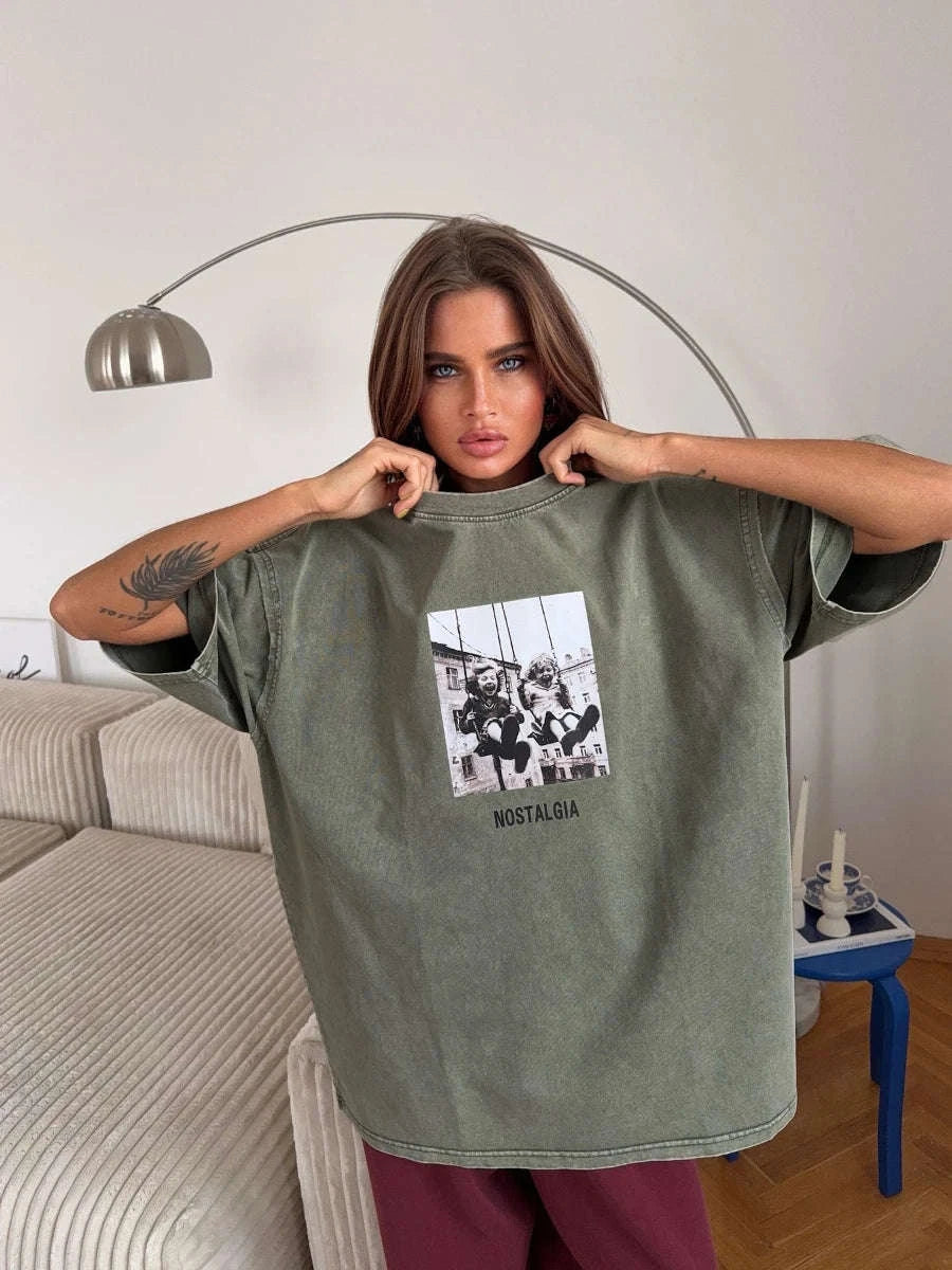 Vintage Printed Cotton T-Shirt Loose Fit Casual Streetwear Tee-Rose Red / S