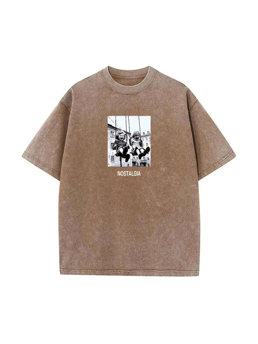 Vintage Printed Cotton T-Shirt Loose Fit Casual Streetwear Tee-Rose Red / S