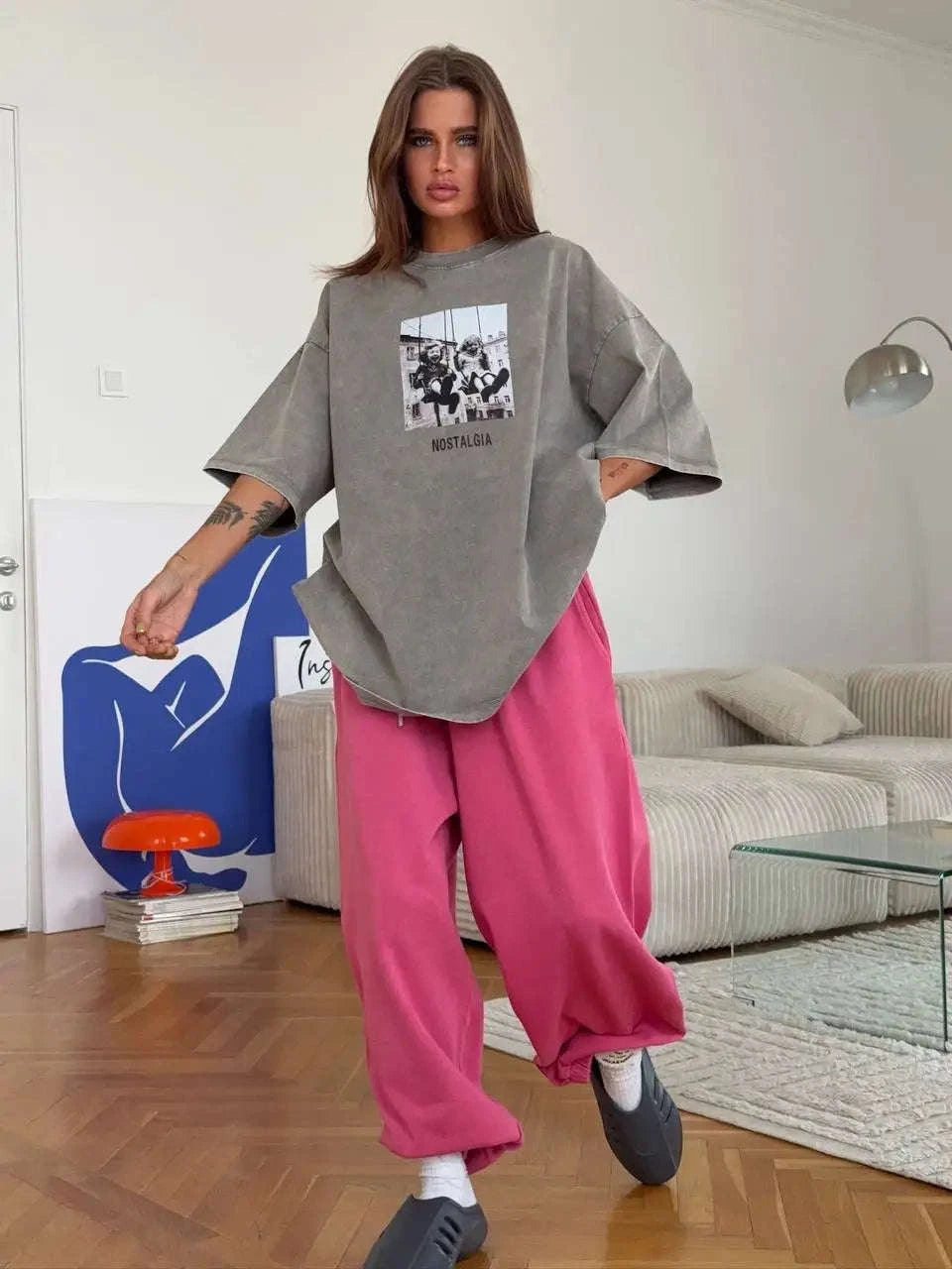 Vintage Printed Cotton T-Shirt Loose Fit Casual Streetwear Tee-Rose Red / S