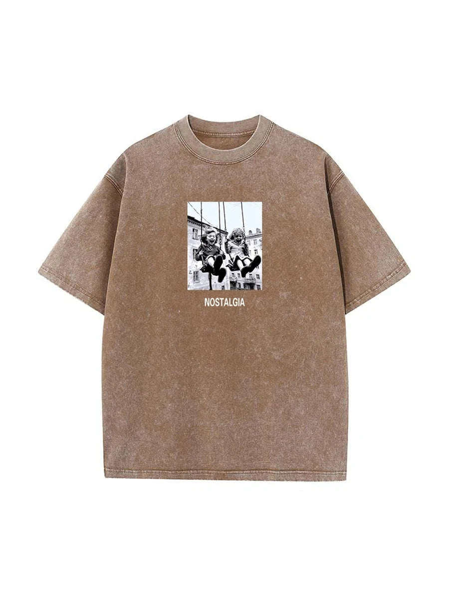 Vintage Printed Cotton T-Shirt Loose Fit Casual Streetwear Tee-Rose Red / S