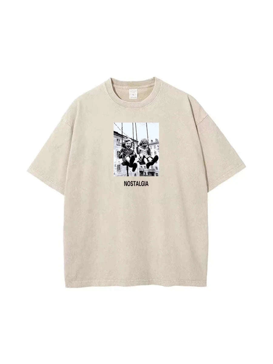 Vintage Printed Cotton T-Shirt Loose Fit Casual Streetwear Tee-Rose Red / S