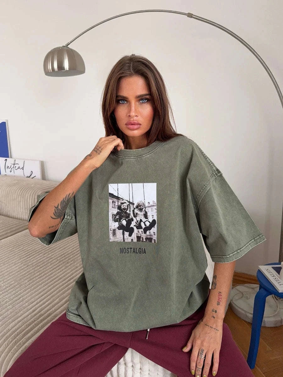 Vintage Printed Cotton T-Shirt Loose Fit Casual Streetwear Tee-Rose Red / S