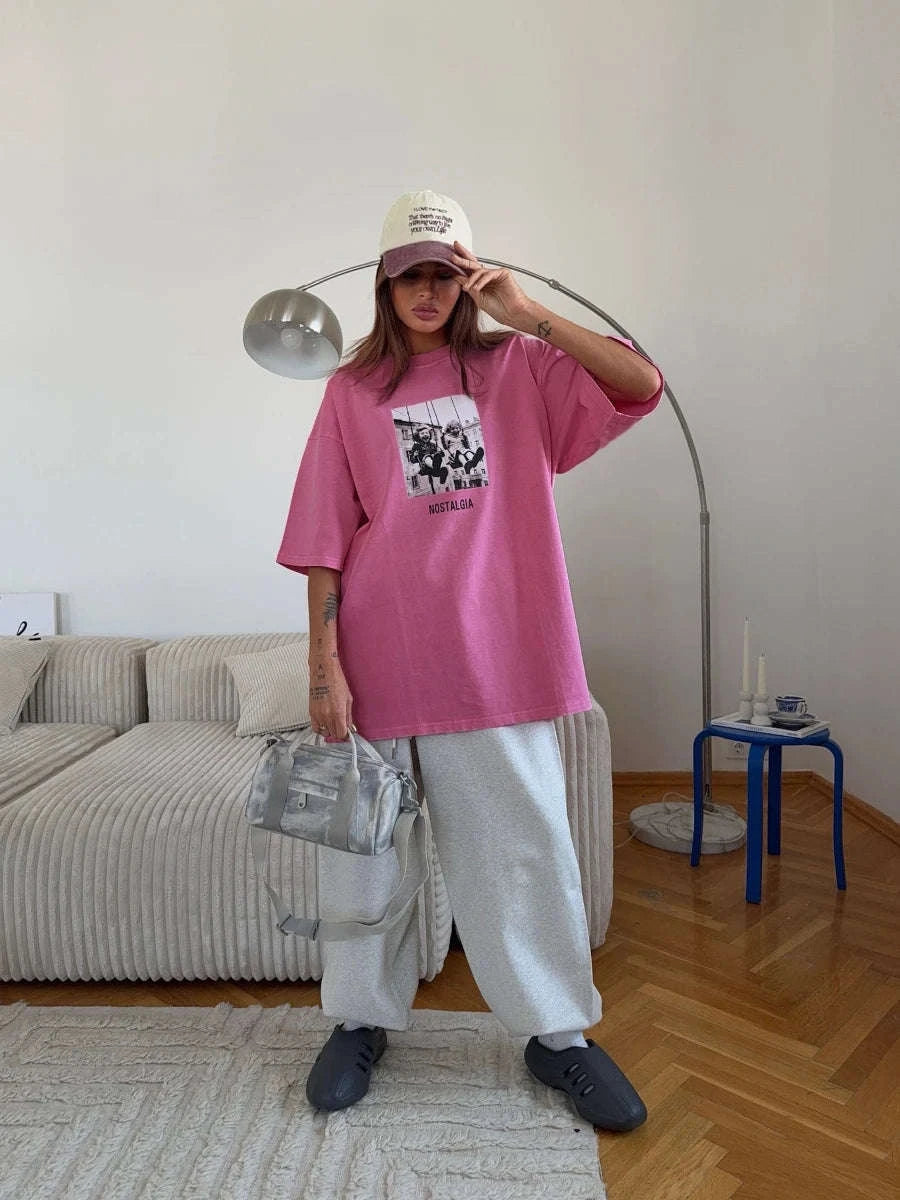 Vintage Printed Cotton T-Shirt Loose Fit Casual Streetwear Tee-Rose Red / S