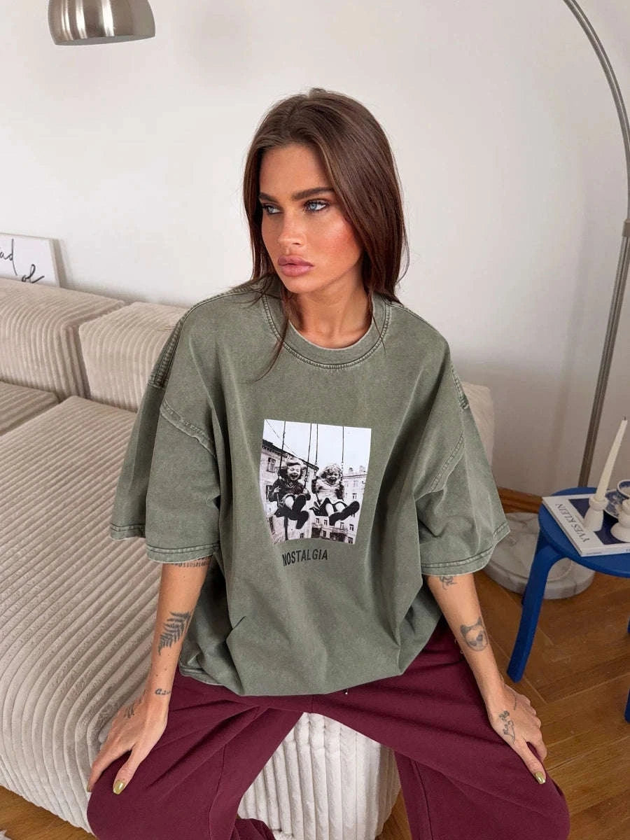 Vintage Printed Cotton T-Shirt Loose Fit Casual Streetwear Tee-Rose Red / S