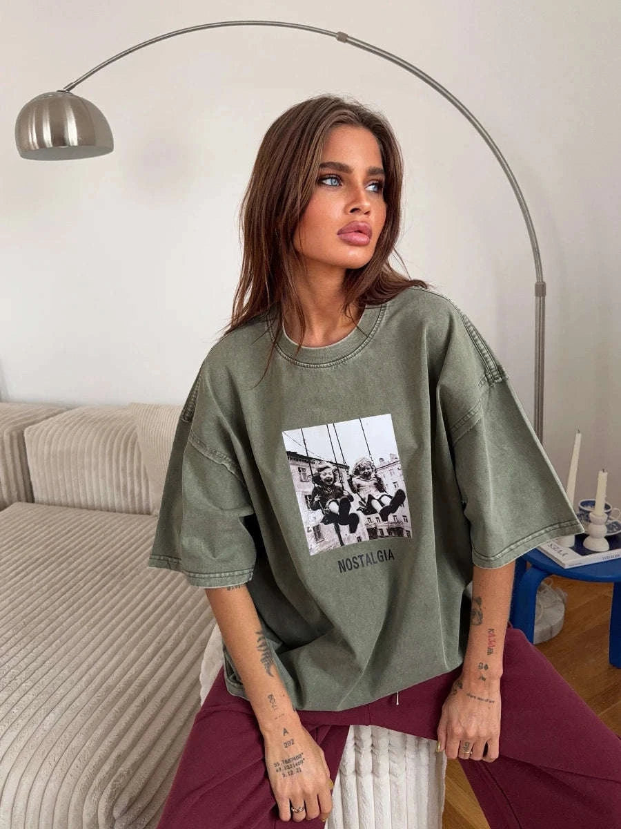Vintage Printed Cotton T-Shirt Loose Fit Casual Streetwear Tee-Rose Red / S