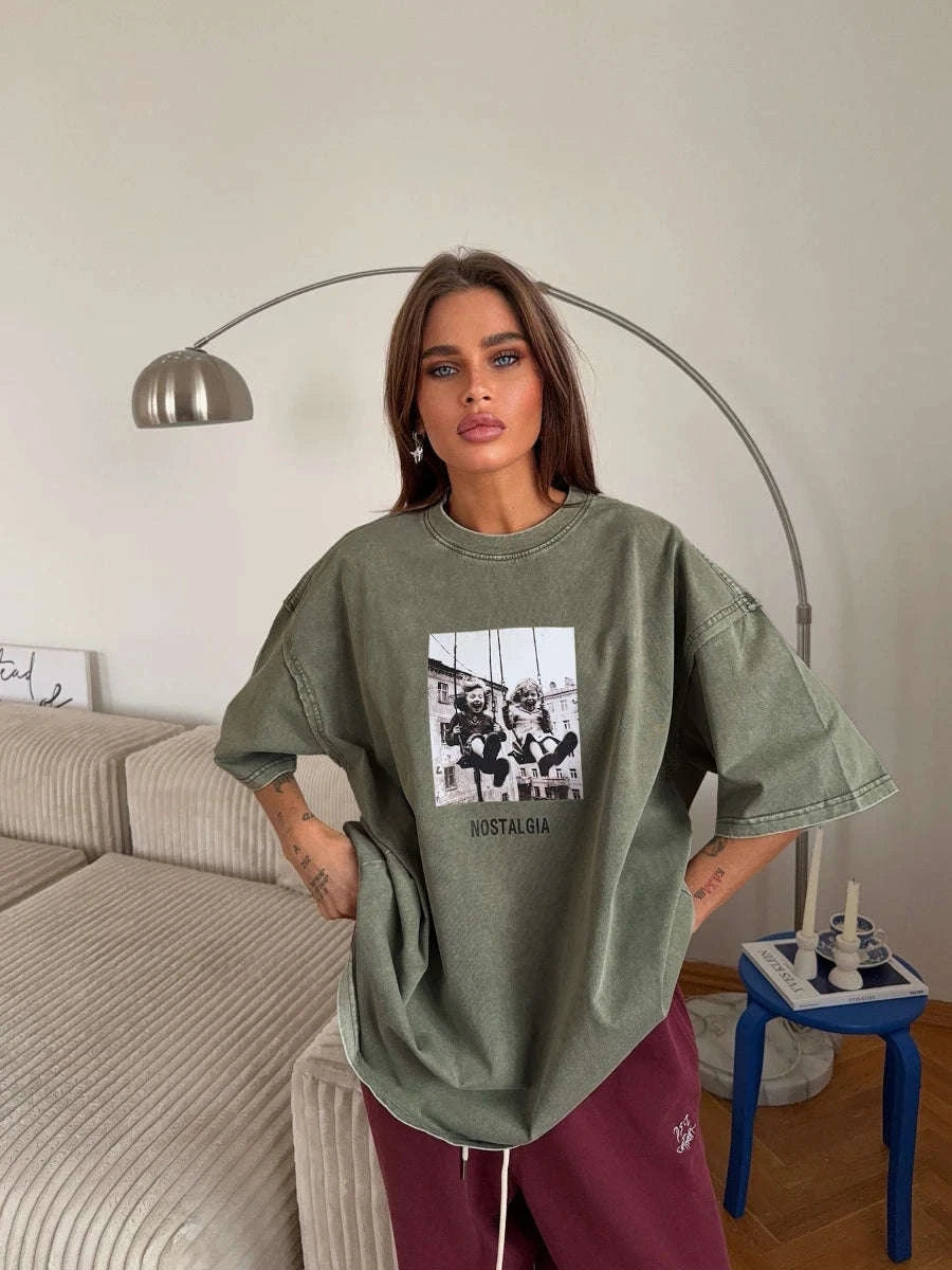 Vintage Printed Cotton T-Shirt Loose Fit Casual Streetwear Tee-Rose Red / S