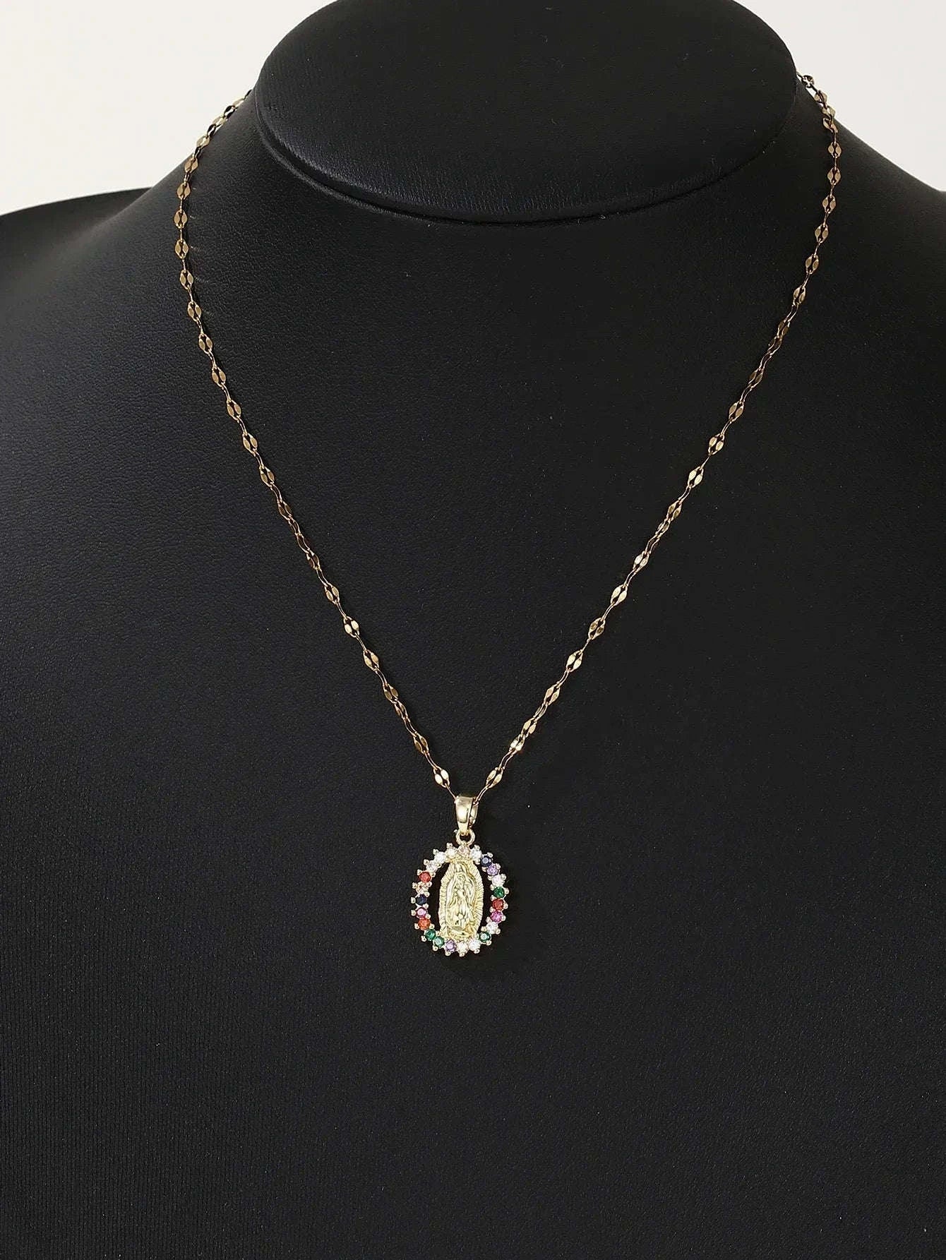 Virgin Mary Hollow Necklace with Colorful Zircon Accents-TP-04043-01 / 40-45cm