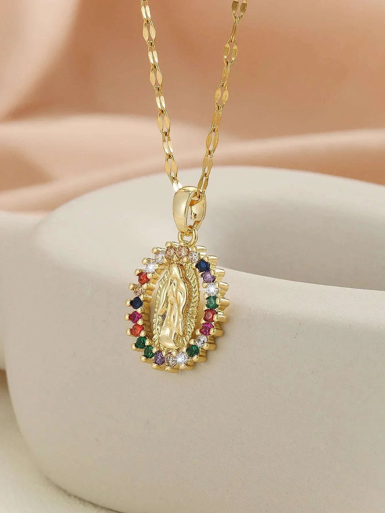 Virgin Mary Hollow Necklace with Colorful Zircon Accents-TP-04043-01 / 40-45cm