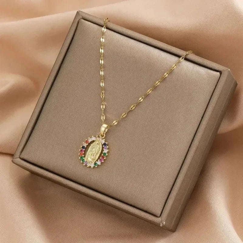 Virgin Mary Hollow Necklace with Colorful Zircon Accents-TP-04043-01 / 40-45cm