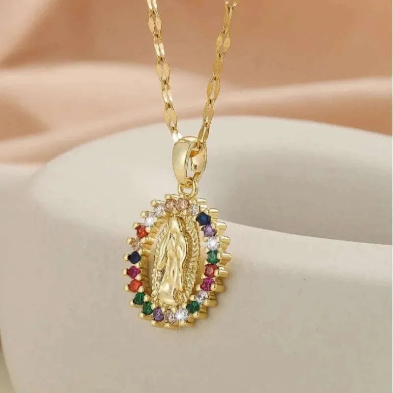 Virgin Mary Hollow Necklace with Colorful Zircon Accents-TP-04043-01 / 40-45cm