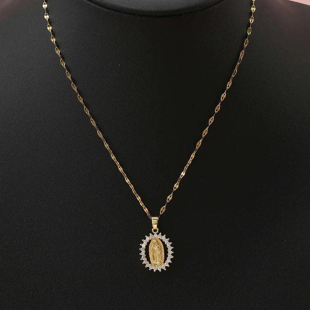 Virgin Mary Hollow Necklace with Colorful Zircon Accents-TP-04043-01 / 40-45cm