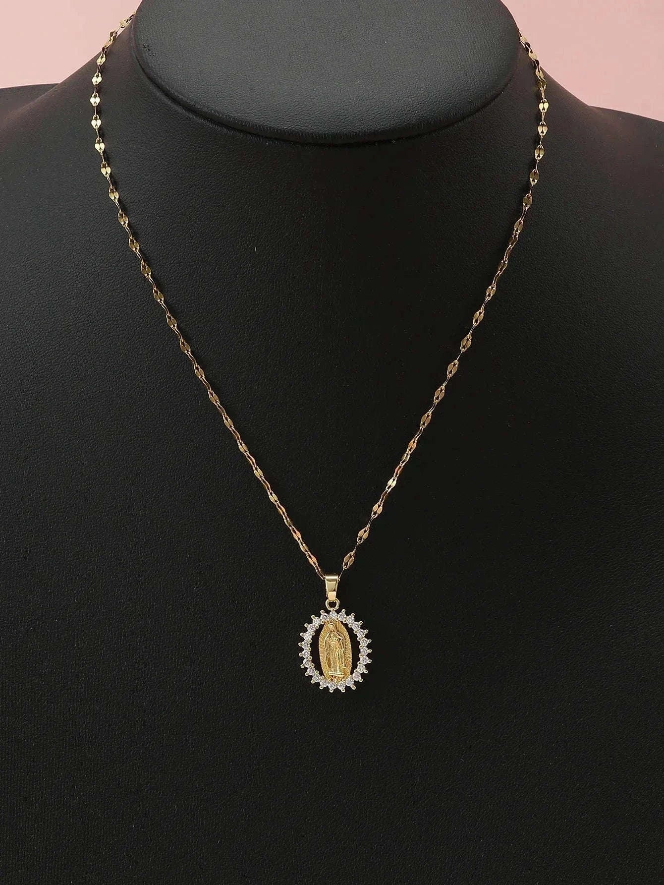 Virgin Mary Hollow Necklace with Colorful Zircon Accents-TP-04043-01 / 40-45cm
