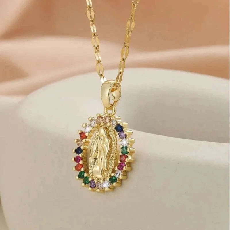 Virgin Mary Hollow Necklace with Colorful Zircon Accents-TP-04043-01 / 40-45cm