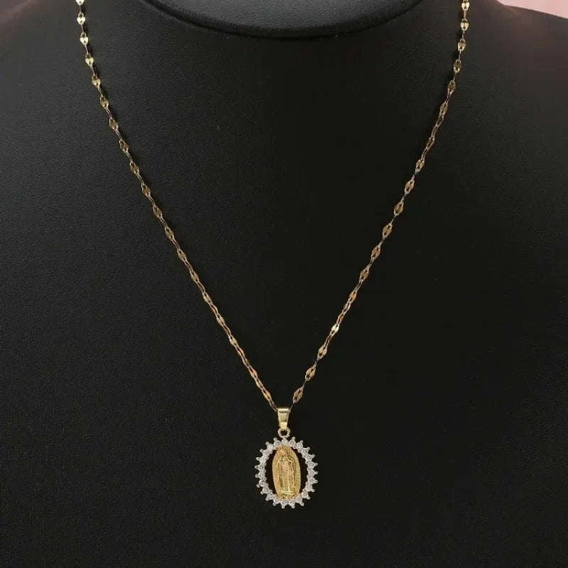 Virgin Mary Hollow Necklace with Colorful Zircon Accents-TP-04043-01 / 40-45cm