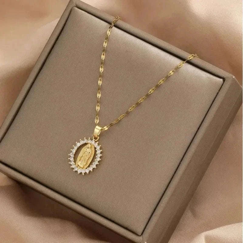 Virgin Mary Hollow Necklace with Colorful Zircon Accents-TP-04043-01 / 40-45cm