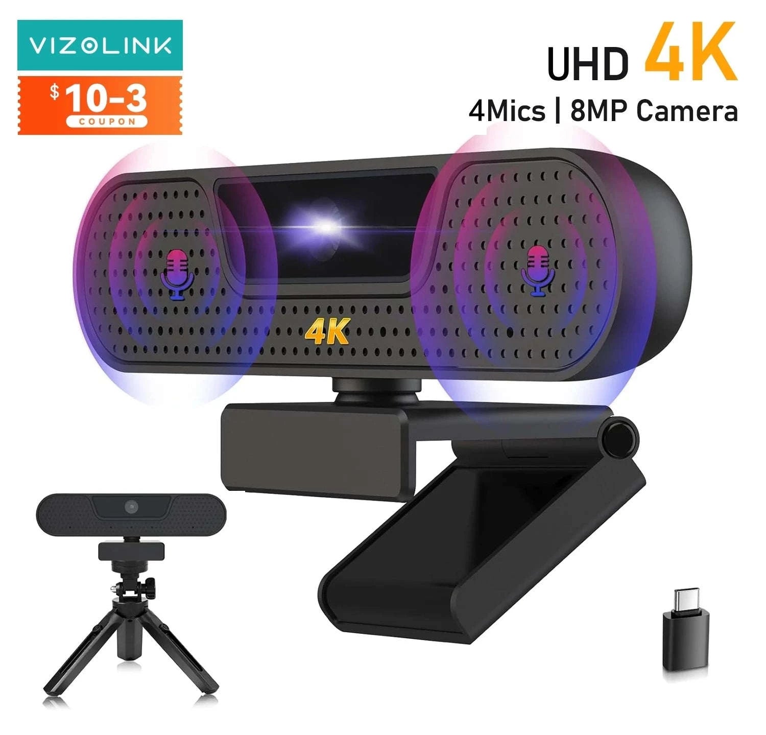 VIZOLINK 4K UHD Webcam with Autofocus and Noise‑Cancelling Mics-4K W8GS / CHINA