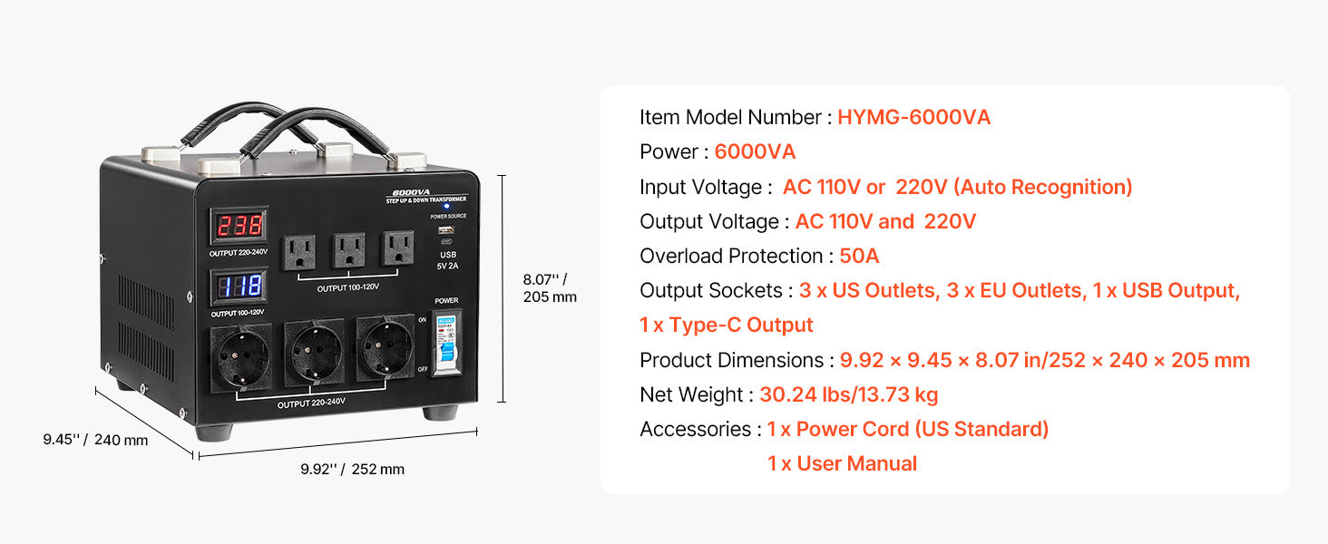 Transformador convertidor de voltaje Step Up & Down 500–6000VA US/EU
