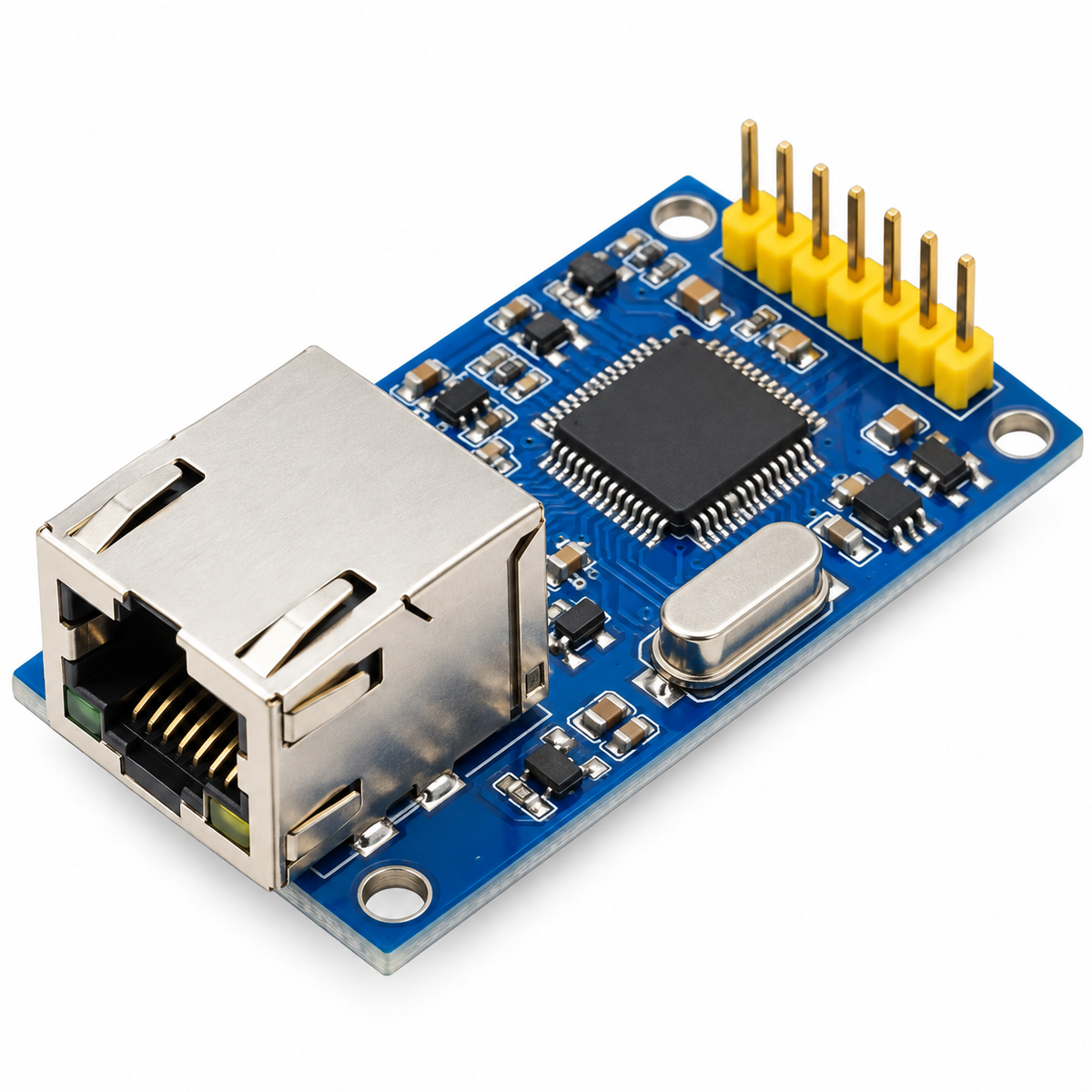 W5500 blue Ethernet module board on white background
