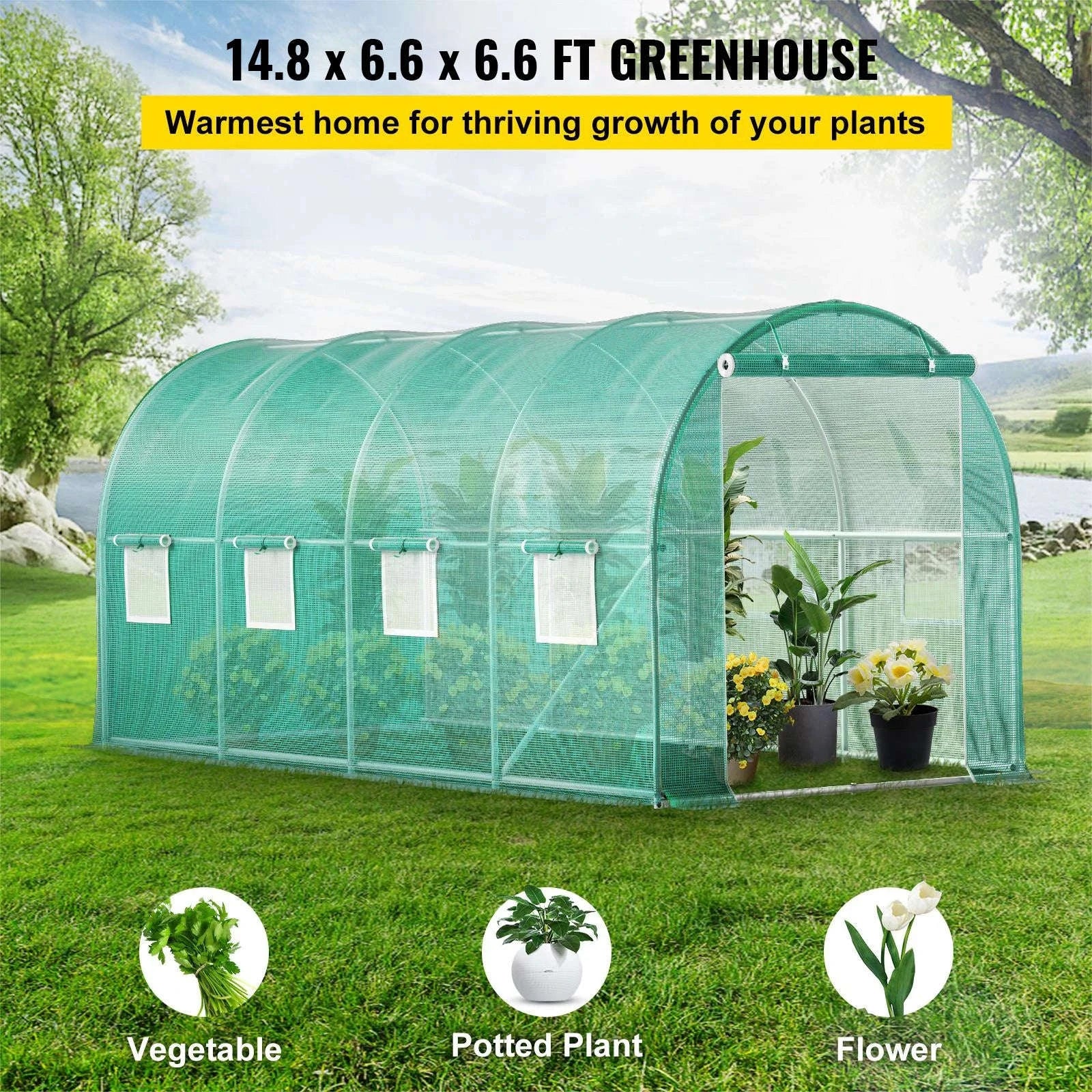 Walk-in Tunnel Greenhouse Galvanized Steel Frame Waterproof PE Cover-Green 12x7x7 ft / United States