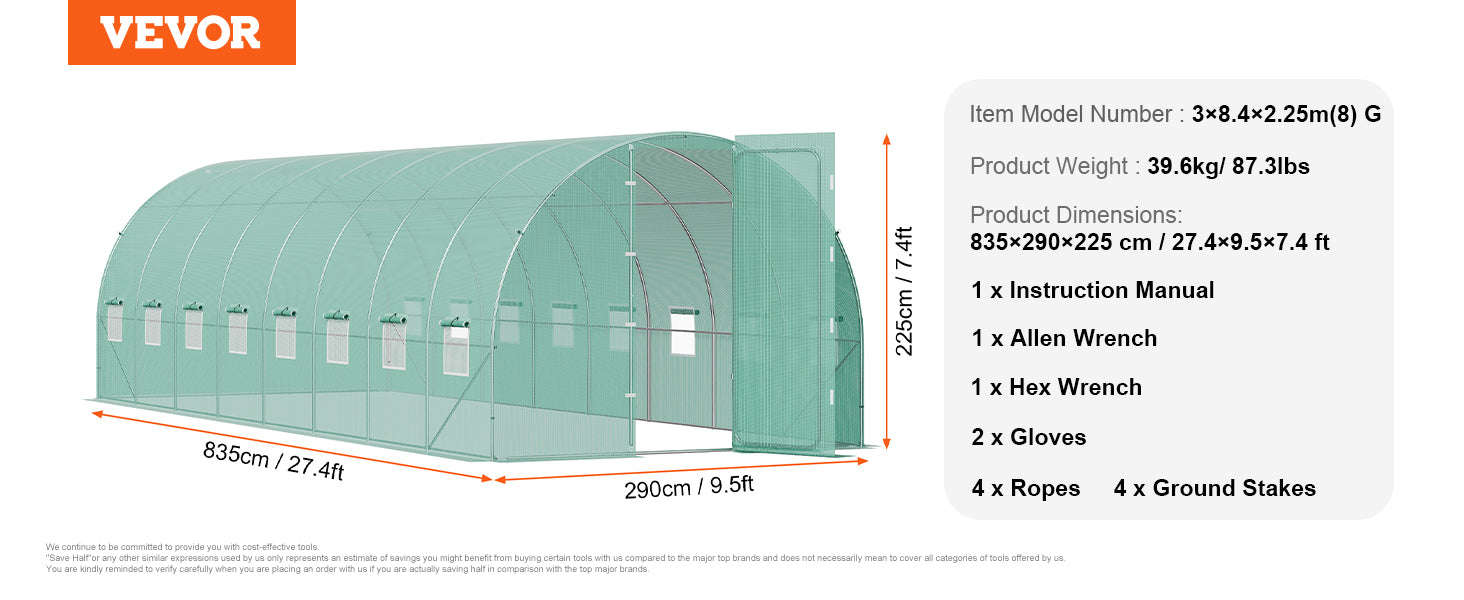 Walk-In Tunnel Greenhouse with Galvanized Steel Frame and PE Cover-30x10x7ft Green B / United States