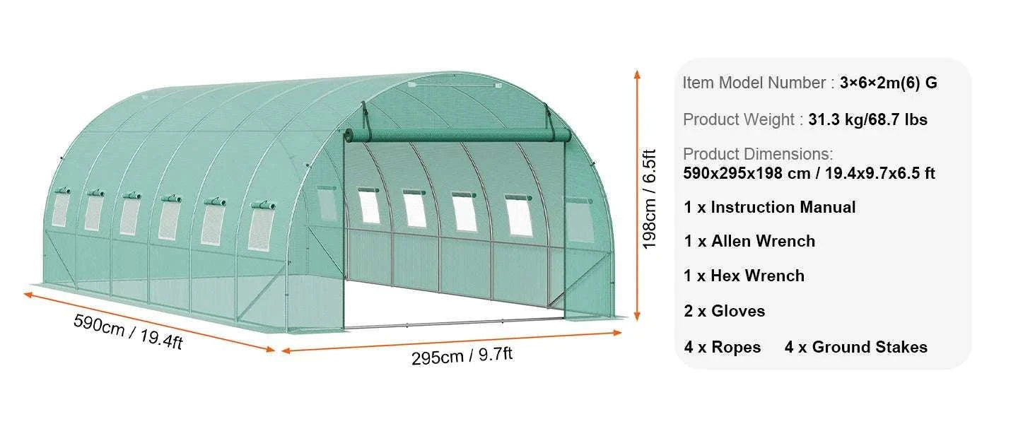 Walk-In Tunnel Greenhouse with PE Cover Steel Frame 11.3x6.4x6.3 ft-20x10x7ft green / United States / Green 20x10x7 ft