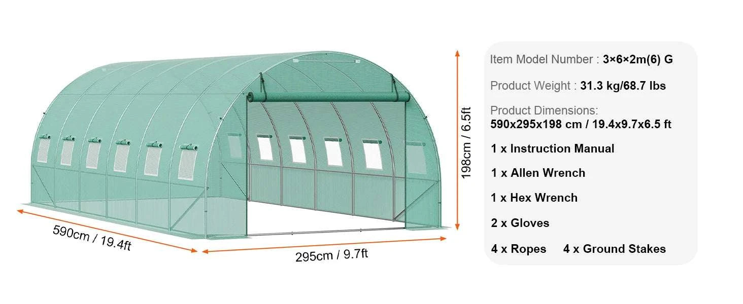 Walk-In Tunnel Greenhouse with PE Cover Steel Frame 11.3x6.4x6.3 ft-20x10x7ft green / United States / Green 20x10x7 ft