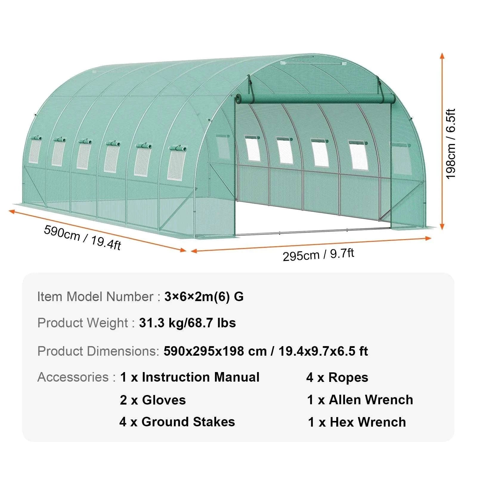 Walk-In Tunnel Greenhouse with PE Cover Steel Frame 11.3x6.4x6.3 ft-20x10x7ft green / United States / Green 20x10x7 ft