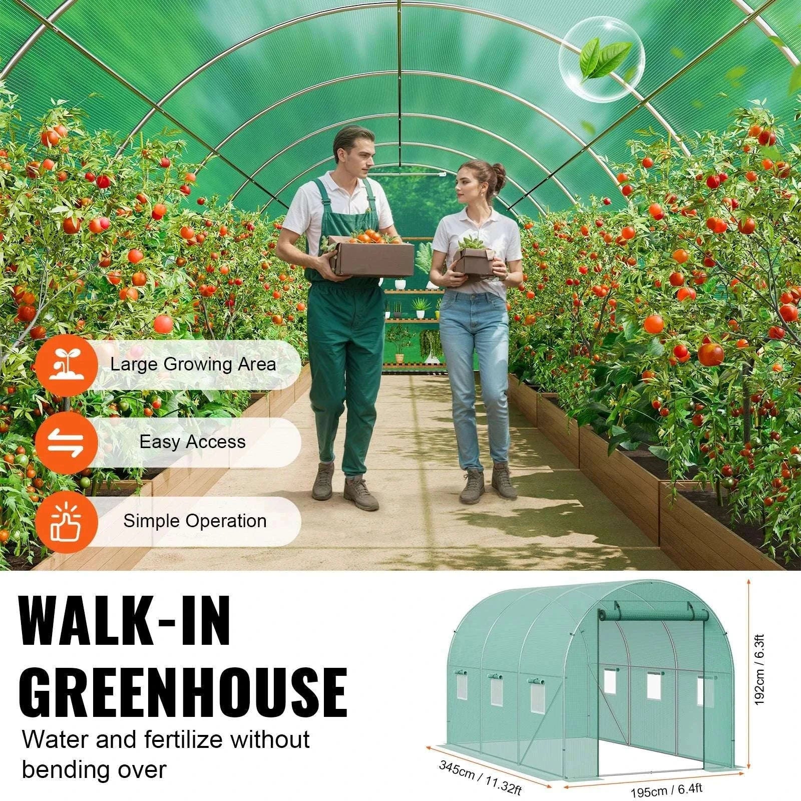 Walk-In Tunnel Greenhouse with PE Cover Steel Frame 11.3x6.4x6.3 ft-20x10x7ft green / United States / Green 20x10x7 ft