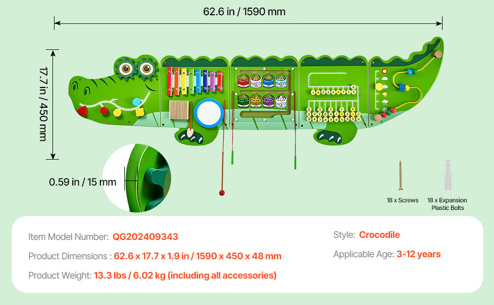 SucceBuy Orca Kids Wall Busy Board 12 Activities Hanging Panels Montessori Sensory Learning Toys for Toddler 3-12 Play Toys